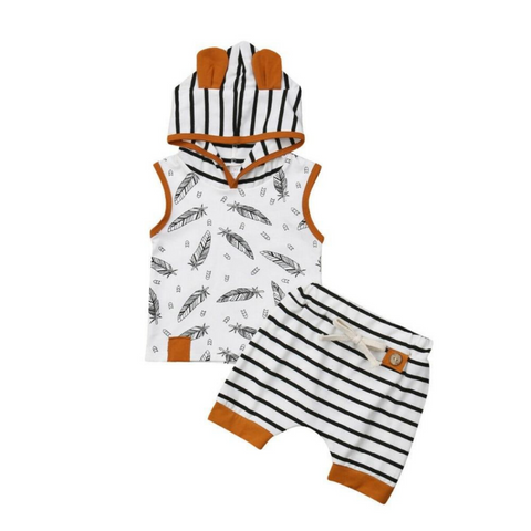 Feather Sleeveless Hoodie Set